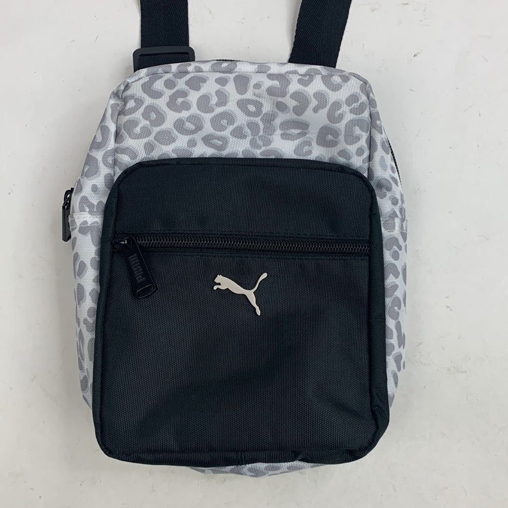 Puma Nylon Crossbody Bag Black Gray Animal Print Zip Pockets Adjustable NEW